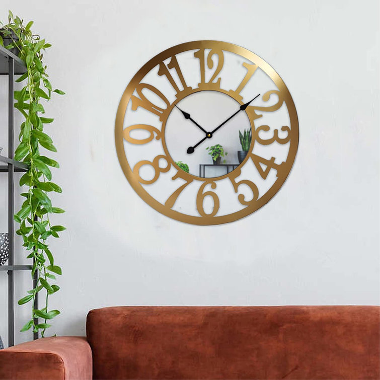 Everly Quinn Mirrored Wall Clocks For Living Room Decor Modern Oversized Wall Clock,Metal Frame